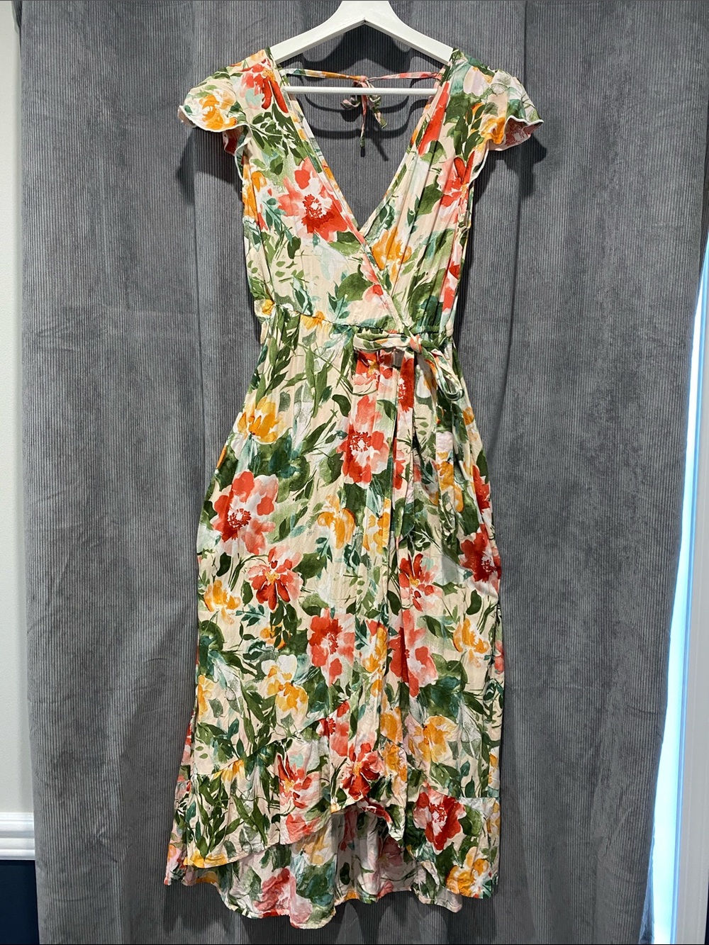 Free People Cream Floral Wrap Midi Dress with Pink & Yellow Blooms